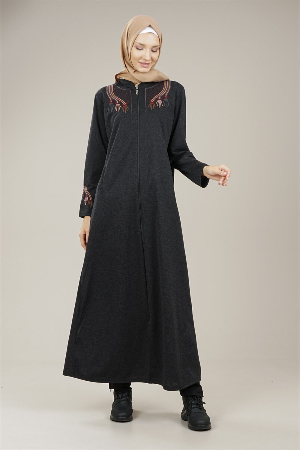 Women's Embroidery Detailed Pocket TopcoatAbaya AnthracitePE190670