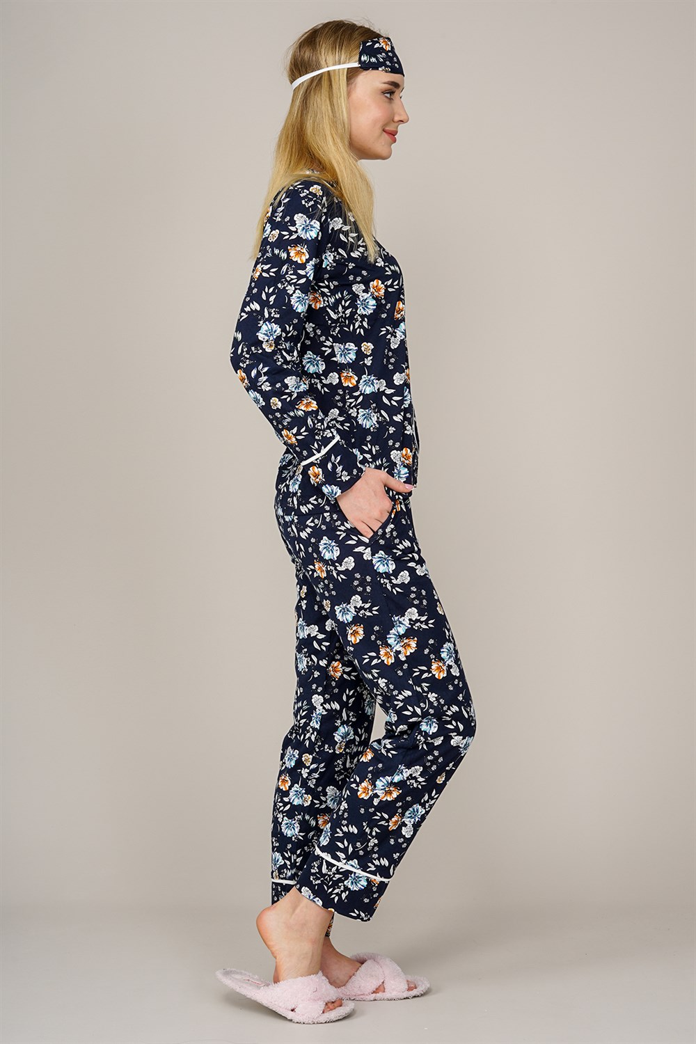Kadın Önden Düğmeli Çiçek Desenli Pijama Takımı  Lacivert2502