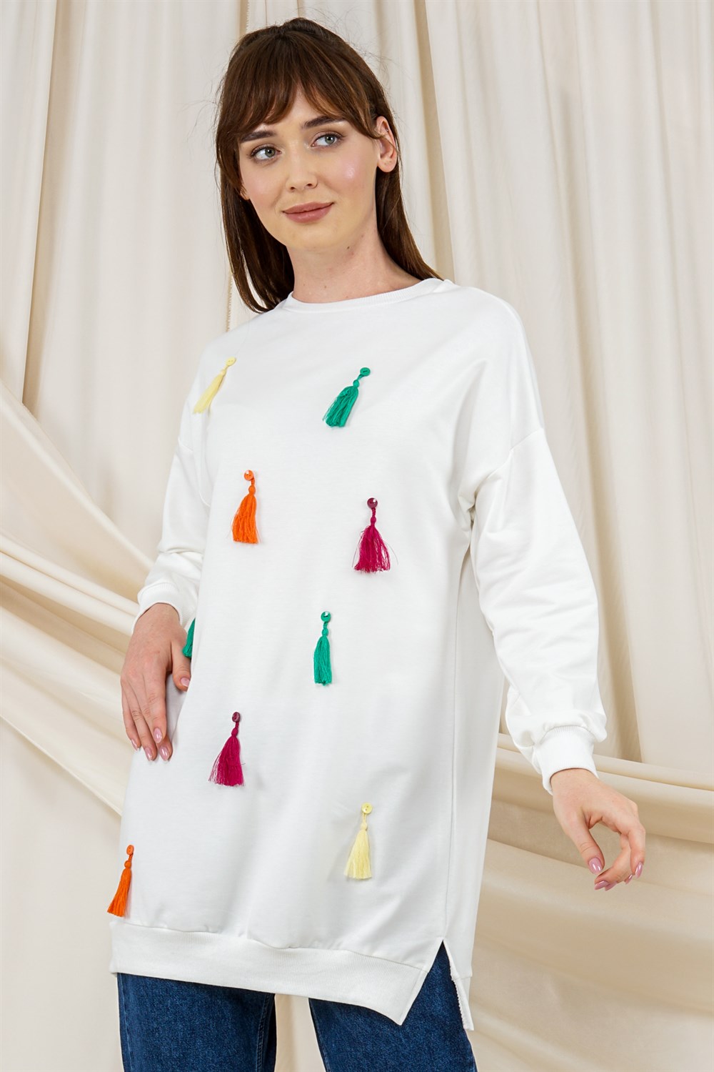 Women's Tassel Detailed TunicSweatshirt WhiteT2120