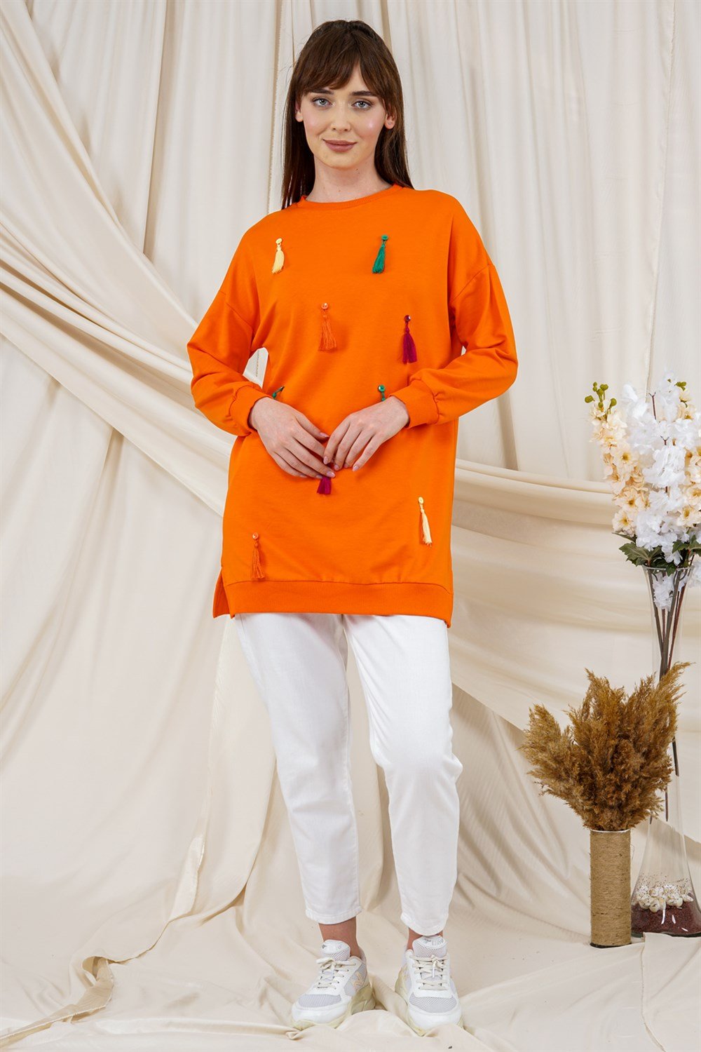 تونيكسويت شيرت مزين بشراشيب برتقاليT2120