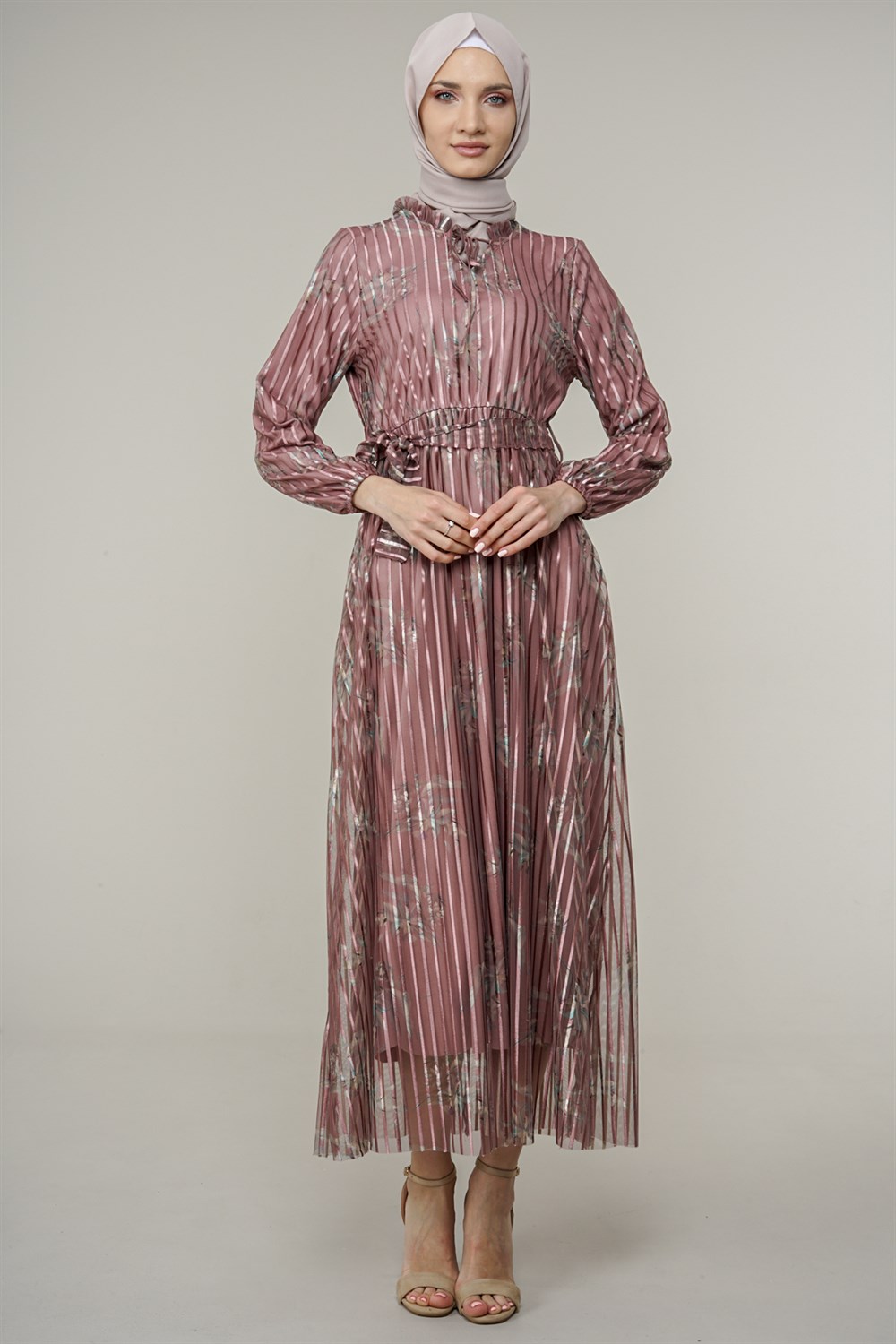 Kadın Şerit Desenli Tül Elbise 
 Pembe10322
