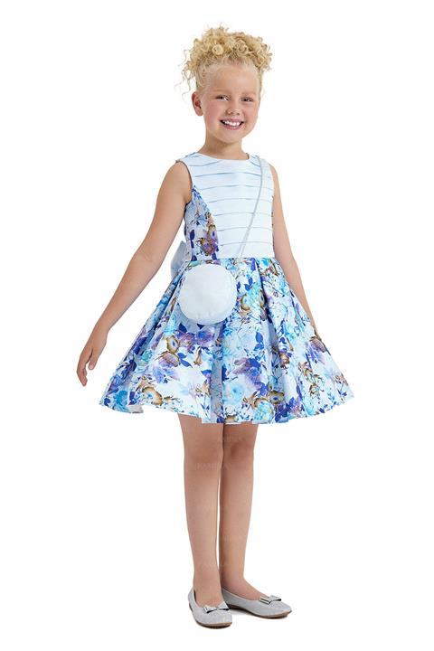 Genç Kız Desenli Çantalı Elbise MaviPM33106