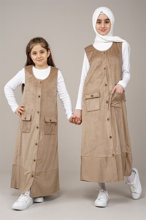 Genç Kız Düğmeli Kadife Jile Elbise  Bej1019