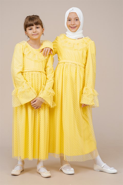 Genç Kız Kolları Pileli Boydan Elbise  SarıCE2205