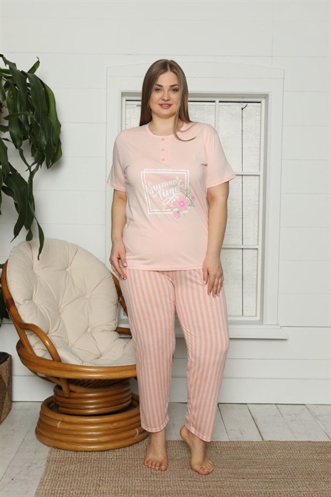Kadın Büyük Beden Patlı Pijama Takımı  Somon12518