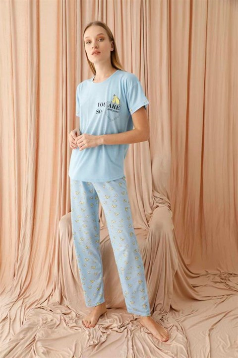 Kadın Desenli Kısa Kollu Pijama Takımı  Buz Mavisi731022