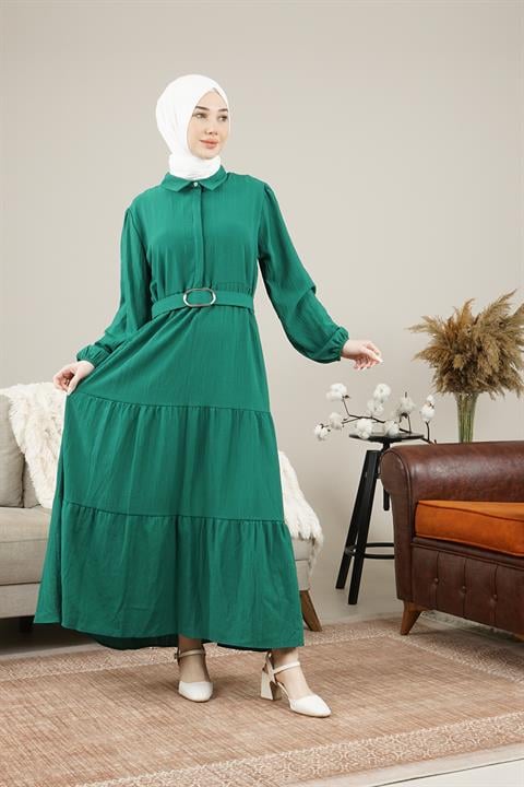 Kadın Gizli Patlı Kamerli Uzun Elbise Zümrüt YeşiliAS3943
