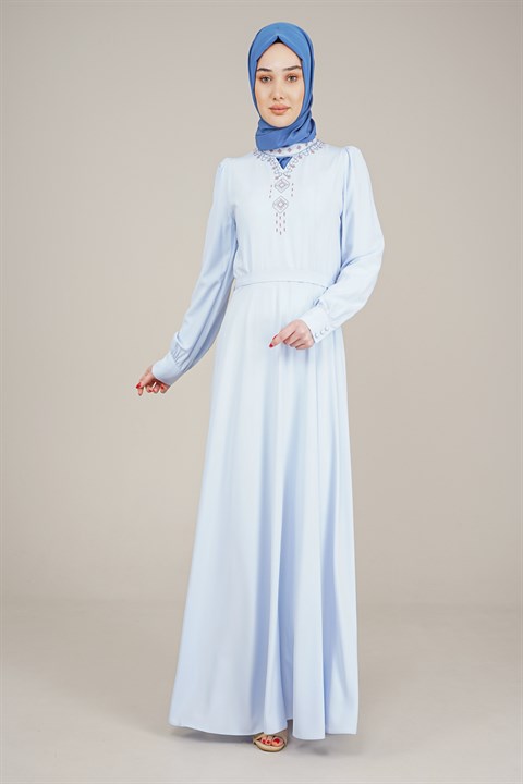 Kadın Nakış Detaylı Kemerli Elbise MaviETE630341