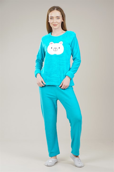 Kadın Panda Detaylı Polar Pijama Takımı  MaviMİ1019