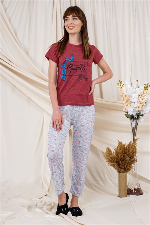 Kadın Yaprak Desenli Pijama Takımı  BordoL8600