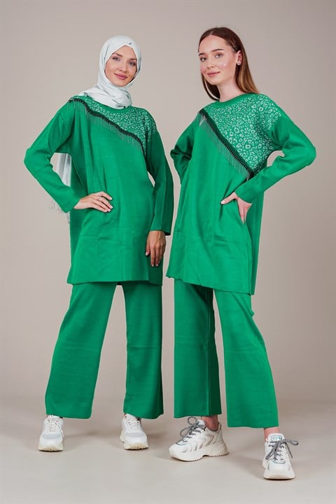 Kadın Zincir Detaylı İkili Triko Takım  YeşilCO2239