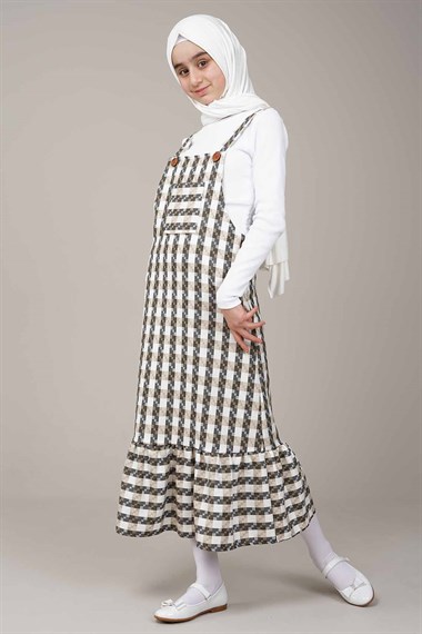 Genç Kız Askılı Bahçıvan Jile Elbise  Bej10181