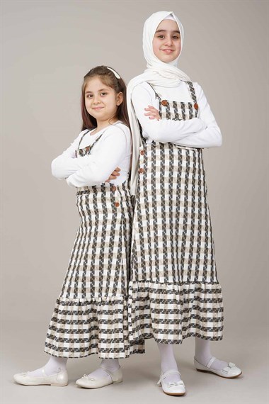 Genç Kız Askılı Bahçıvan Jile Elbise  Bej10181