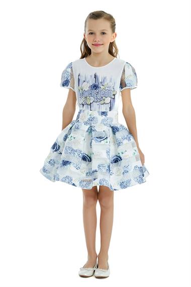 Genç Kız Baskı Detaylı Kolları Tüllü Elbise MaviPM324204