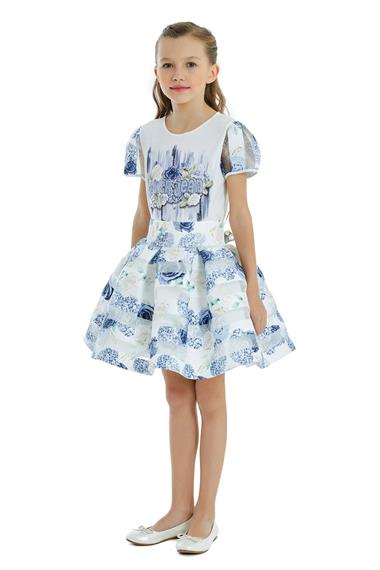 Genç Kız Baskı Detaylı Kolları Tüllü Elbise MaviPM324204