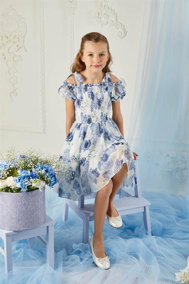 Genç Kız Çiçek Desenli Kolları Bağlamalı Elbise MaviPM32207