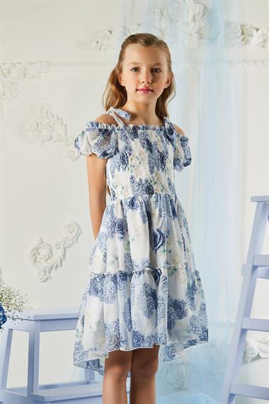 Genç Kız Çiçek Desenli Kolları Bağlamalı Elbise MaviPM32207