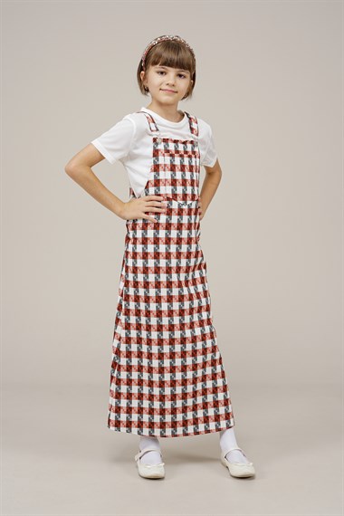 Genç Kız Desenli Bahçıvan Askılı Salopet Elbise  Kiremit1022