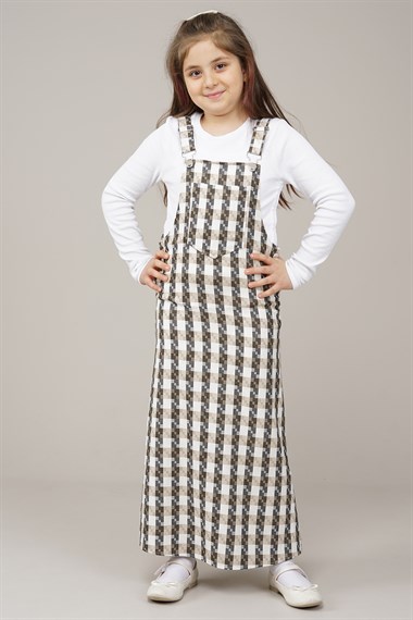 Genç Kız Desenli Bahçıvan Askılı Salopet Elbise  Bej1022