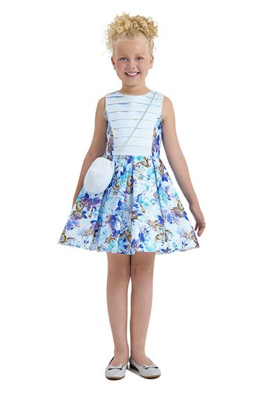 Genç Kız Desenli Çantalı Elbise MaviPM33106