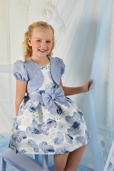 Genç Kız Desenli Yelekli Elbise MaviPM324202