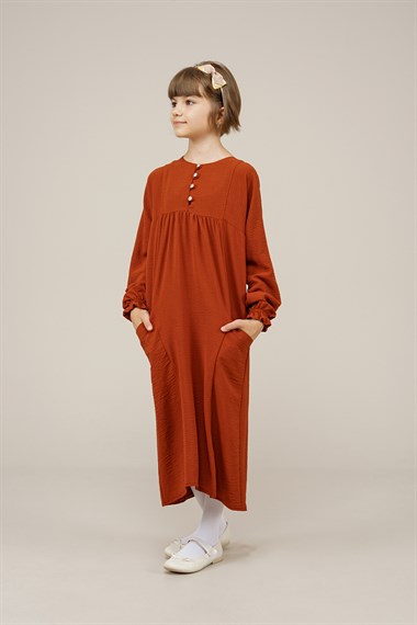 Genç Kız Düğmeli Cep Detaylı Elbise  KiremitBE7002