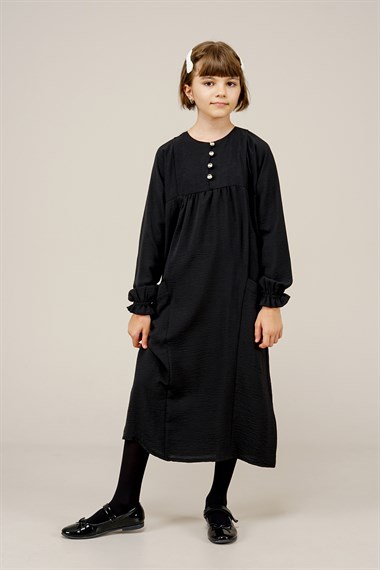 Genç Kız Düğmeli Cep Detaylı Elbise  SiyahBE7002