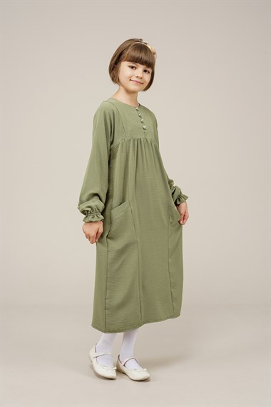 Genç Kız Düğmeli Cep Detaylı Elbise  YeşilBE7002