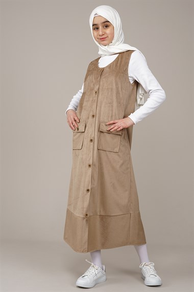Genç Kız Düğmeli Kadife Jile Elbise  Bej1019