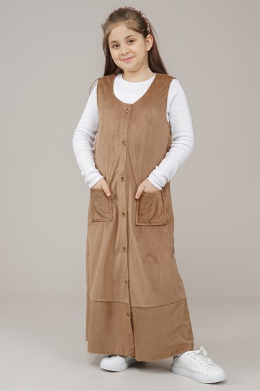 Genç Kız Düğmeli Kadife Jile Elbise  Kahverengi1019