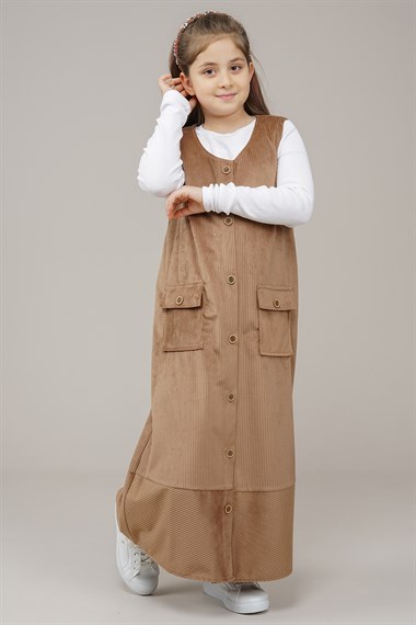 Genç Kız Düğmeli Kadife Jile Elbise  Kahverengi1019