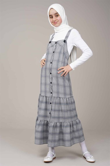 Genç Kız Ekose Desenli Askılı Jile Elbise  Gri1023