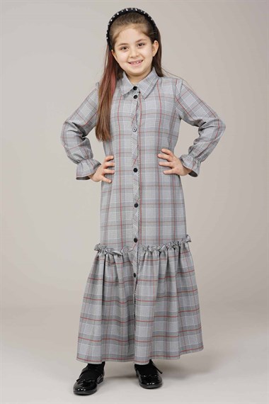 Genç Kız Ekose Desenli Fırfırlı Elbise  Gri1020