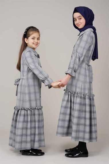 Genç Kız Ekose Desenli Fırfırlı Elbise  Gri1120