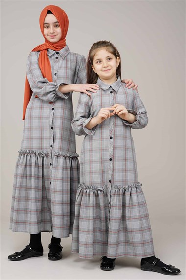 Genç Kız Ekose Desenli Fırfırlı Elbise  Gri1020