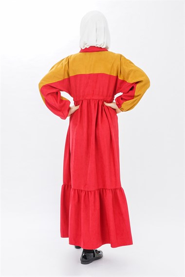 Genç Kız Garnili Beli Büzgülü Elbise  Kırmızı-HardalCE1404