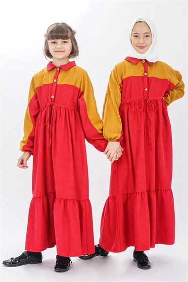Genç Kız Garnili Beli Büzgülü Elbise  Kırmızı-HardalCE1404