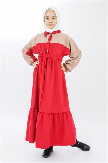 Genç Kız Garnili Beli Büzgülü Elbise  Kırmızı-BejCE1404