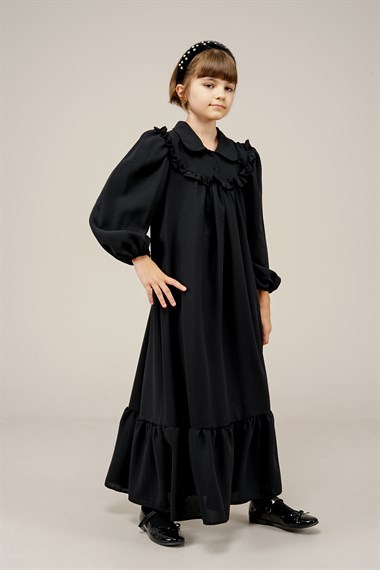 Genç Kız Gömlek Yaka Düğmeli Boydan Elbise  SiyahCE2206