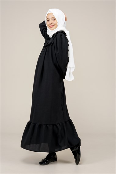Genç Kız Gömlek Yaka Düğmeli Boydan Elbise  SiyahCE2206