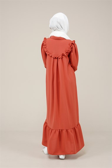 Genç Kız Gömlek Yaka Düğmeli Boydan Elbise  KiremitCE2206