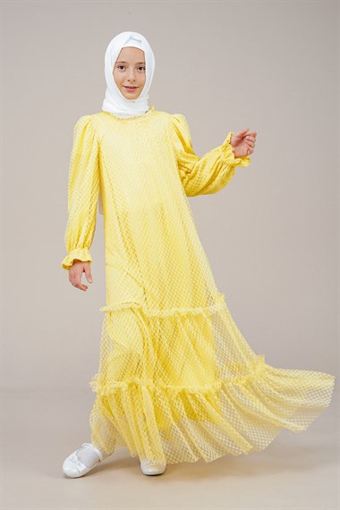 Genç Kız Kat Kat Pileli Boydan Elbise  SarıCE2204