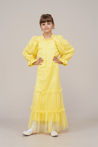Genç Kız Kat Kat Pileli Boydan Elbise  SarıCE2204