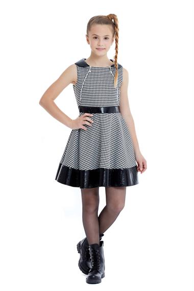 Genç Kız Kaz Ayağı Desenli Elbise SiyahPM321801