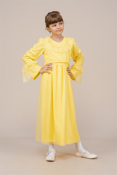 Genç Kız Kolları Pileli Boydan Elbise  SarıCE2205