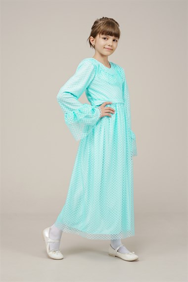 Genç Kız Kolları Pileli Boydan Elbise  TurkuazCE2205