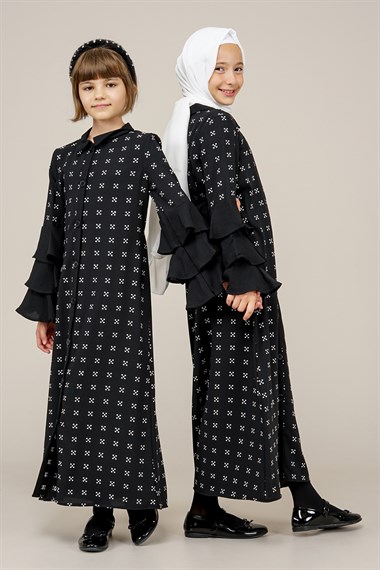 Genç Kız Kolları Pileli Boydan Elbise  SiyahCE2207