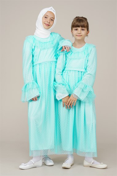 Genç Kız Kolları Pileli Boydan Elbise  TurkuazCE2205