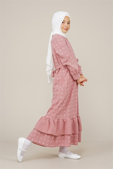Genç Kız Pile Detaylı Boydan Elbise  PudraCE2208