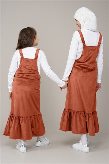 Genç Kız Pileli Jile Elbise  Kiremit1018
